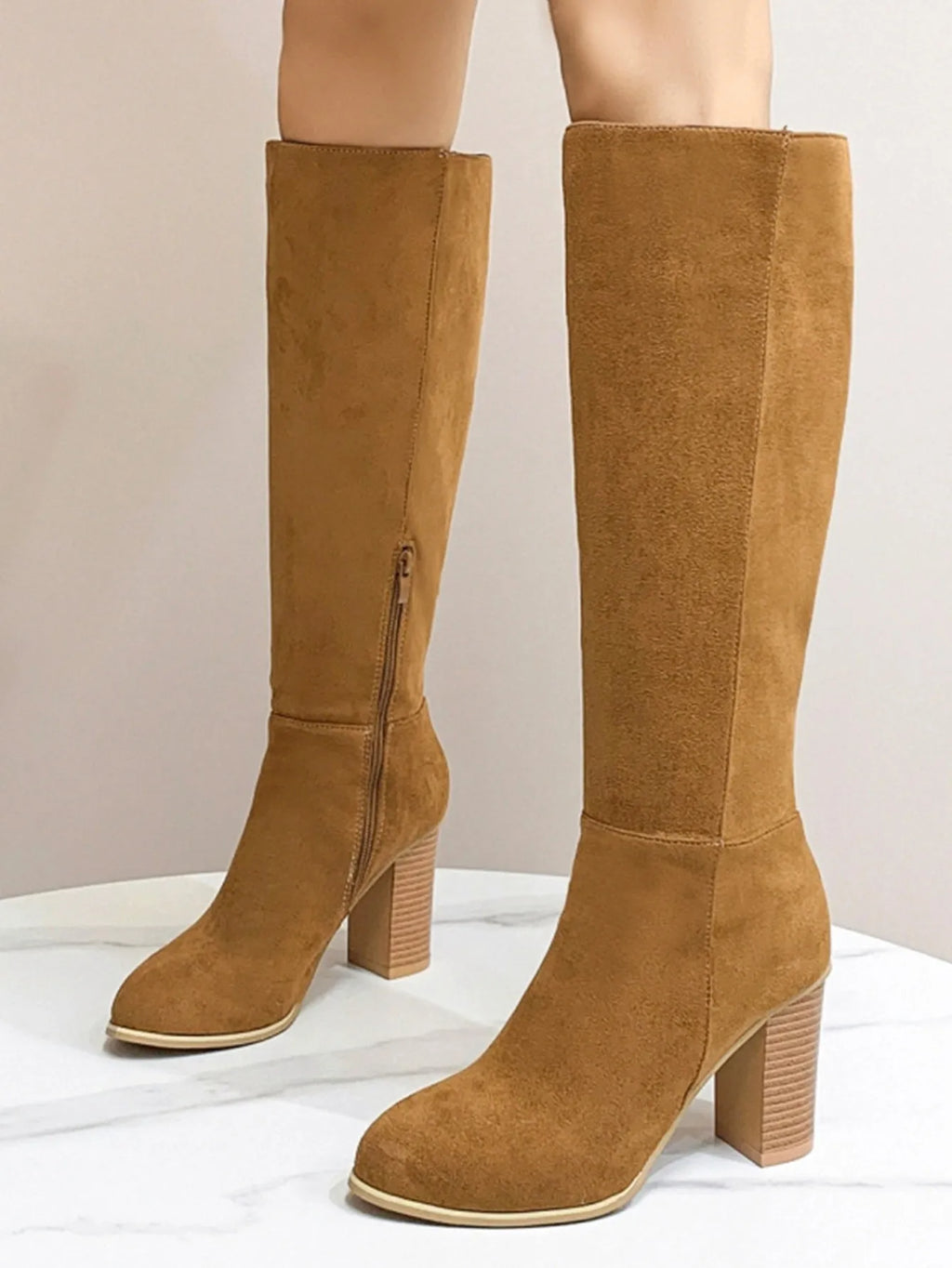 Women's square toe high heel boots in artificial PU material, black and dark brown colour options