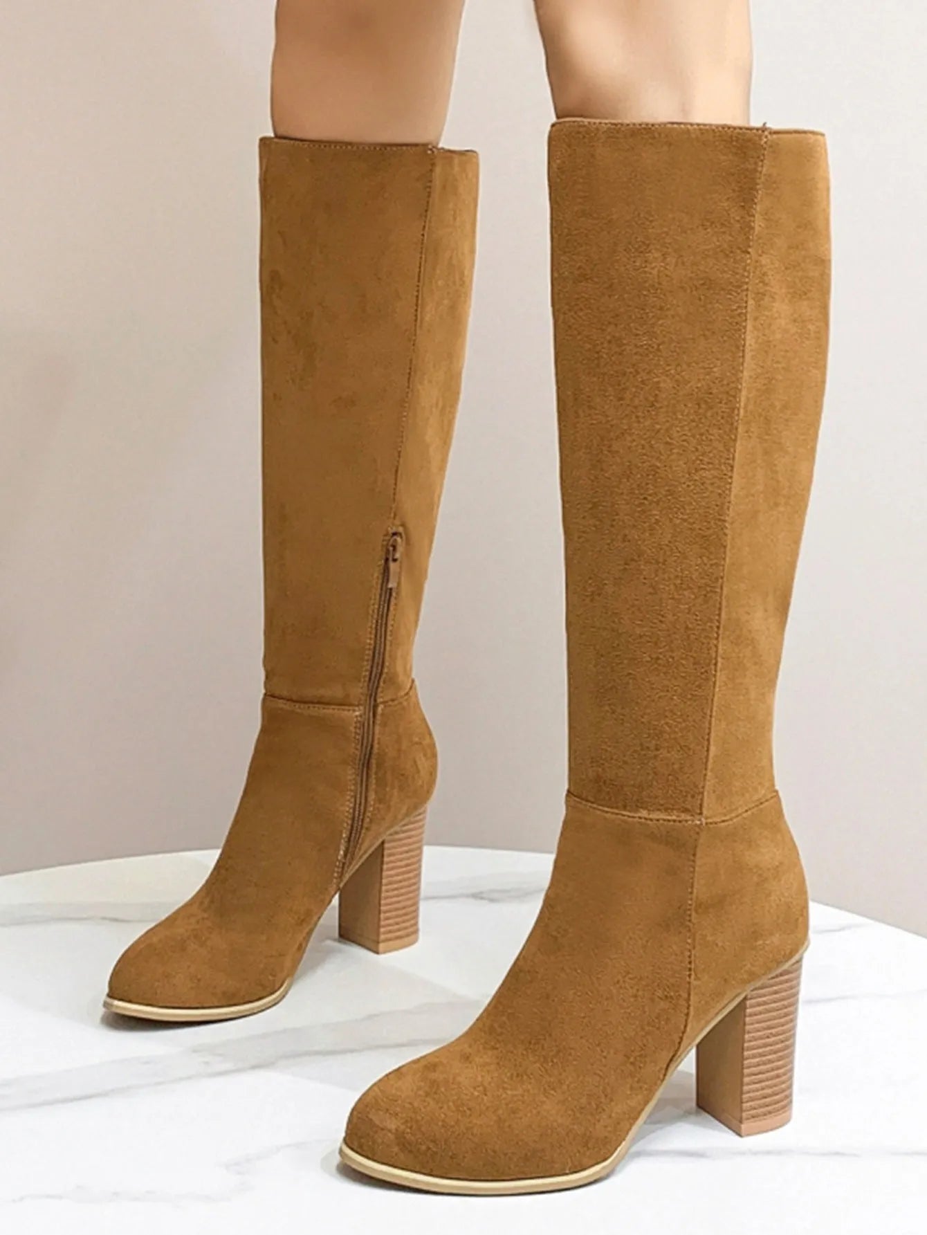 Women's square toe high heel boots in artificial PU material, black and dark brown colour options