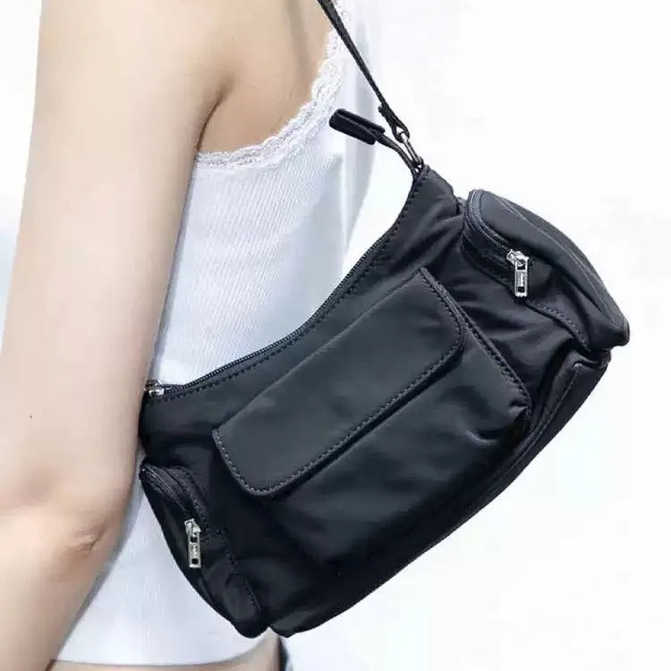 Simple black lightweight nylon shoulder bag with two front pockets