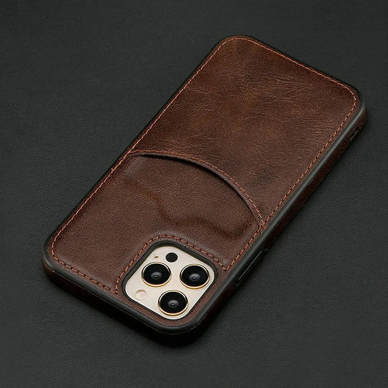 Dark blue PU leather protective case for iPhone, shown from the back with a business-style texture.