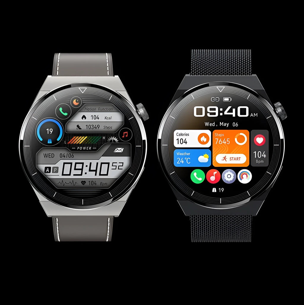 Round Android smart watch with black silicone band showing a homescreen on its 1.36-inch display.