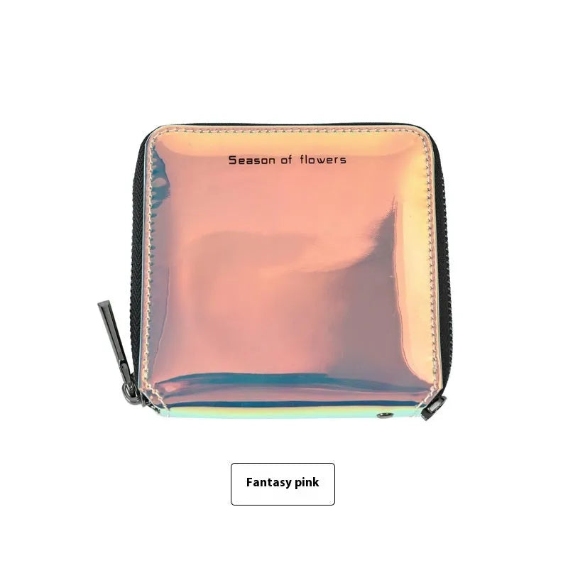 Women's short folding Korean style wallet in PU leather with 11cm square dimensions and 2.5cm thickness
