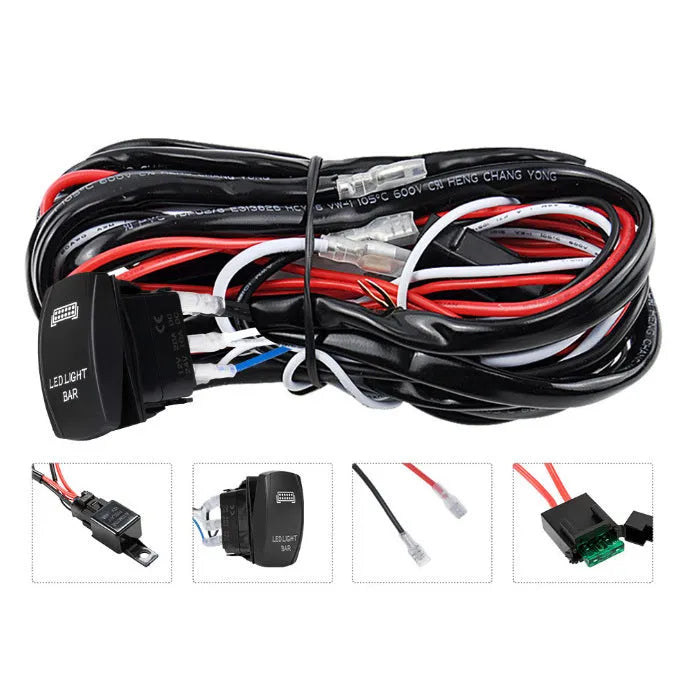 Black off-road LED spotlight wiring harness kit with switch and 2-metre cable