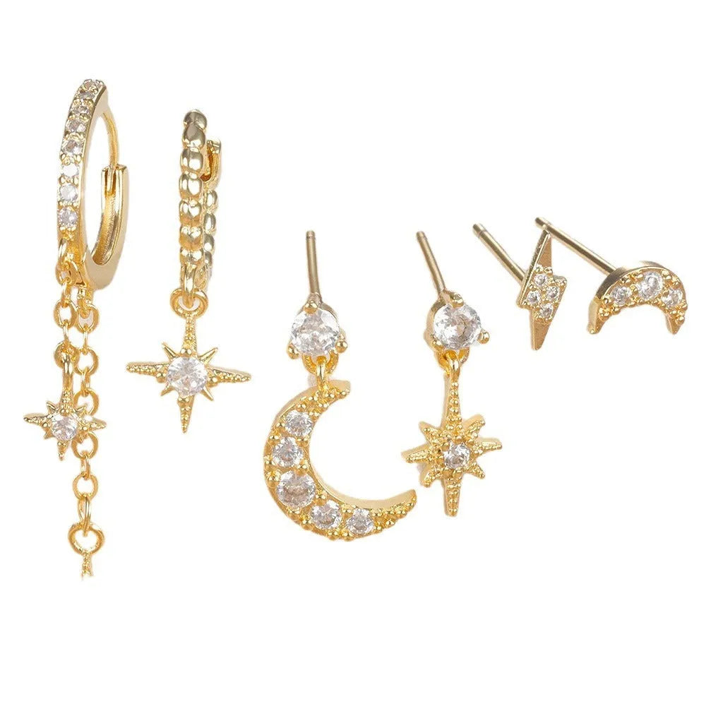 Six gold electroplated chain tassel earrings with zircon studs on copper base
