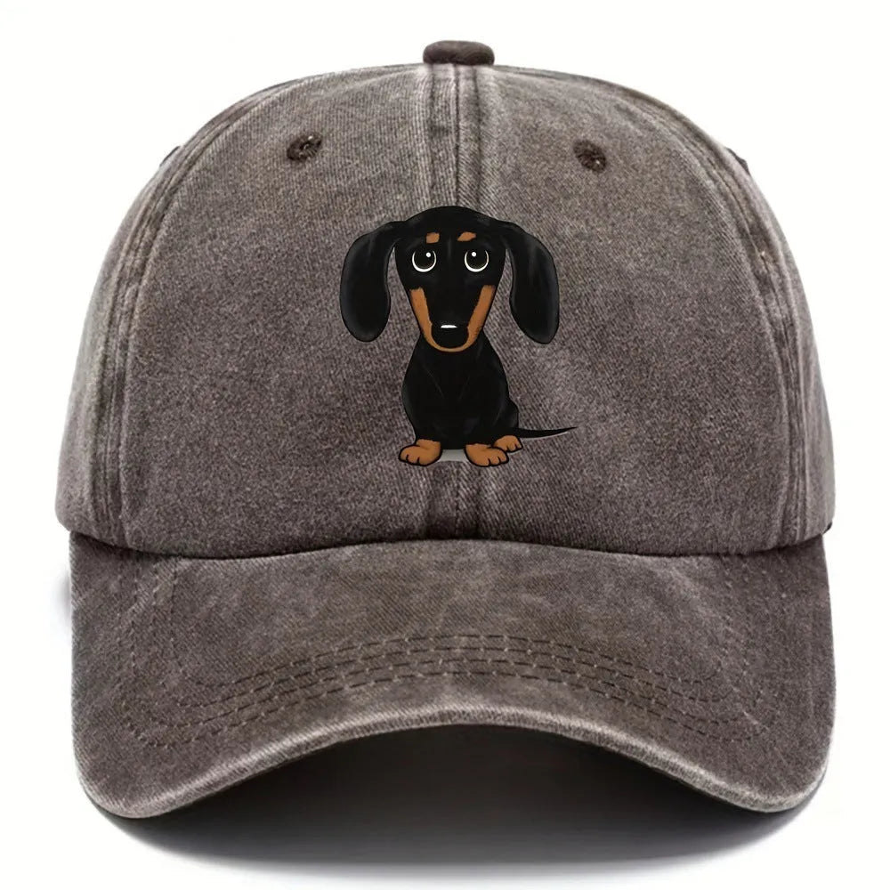 Retro washed baseball cap with a machine-embroidered dachshund dog print on the front.