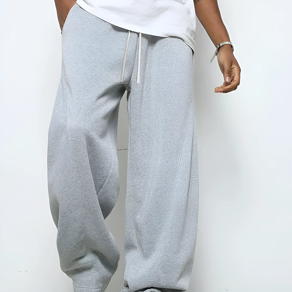 Men's straight-leg casual trousers in black polyester with a drawstring waistband