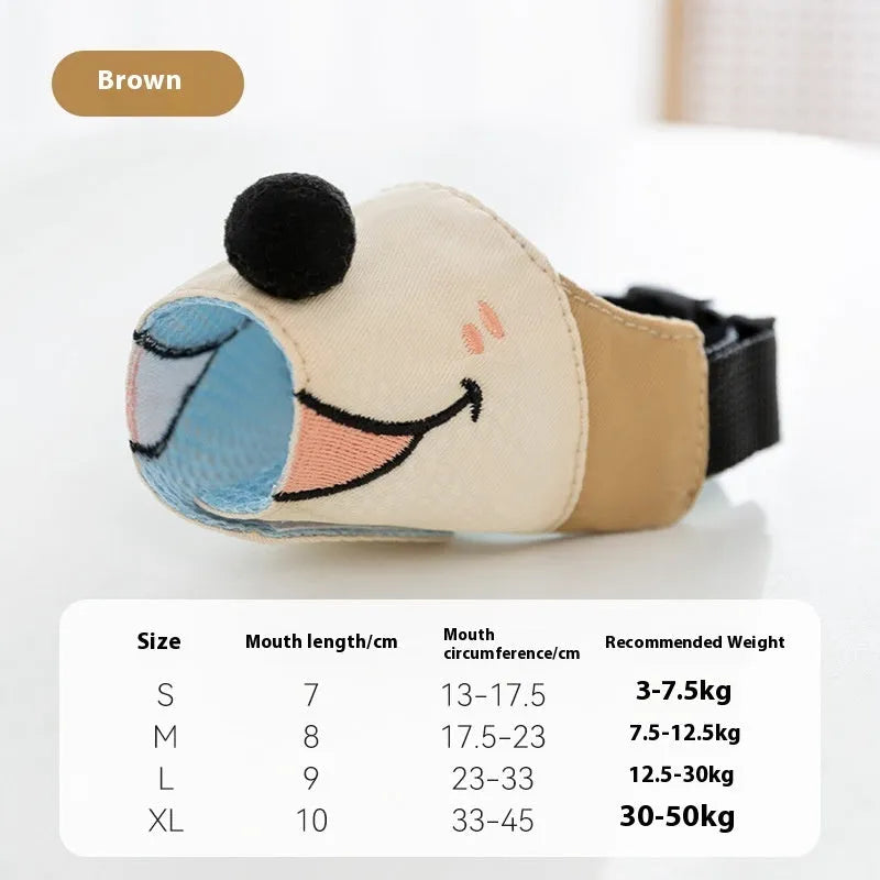 Canvas dog muzzle in Ollie Brown Bear colour, shown next to size guide for S, M, L, and XL based on dog weight.