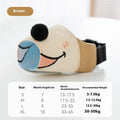 Canvas dog muzzle in Ollie Brown Bear colour, shown next to size guide for S, M, L, and XL based on dog weight.