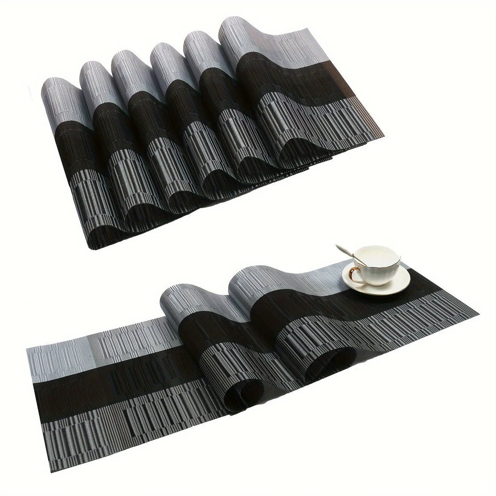 PVC non-slip dish mat in gradient bamboo design protecting kitchen worktop with dishes