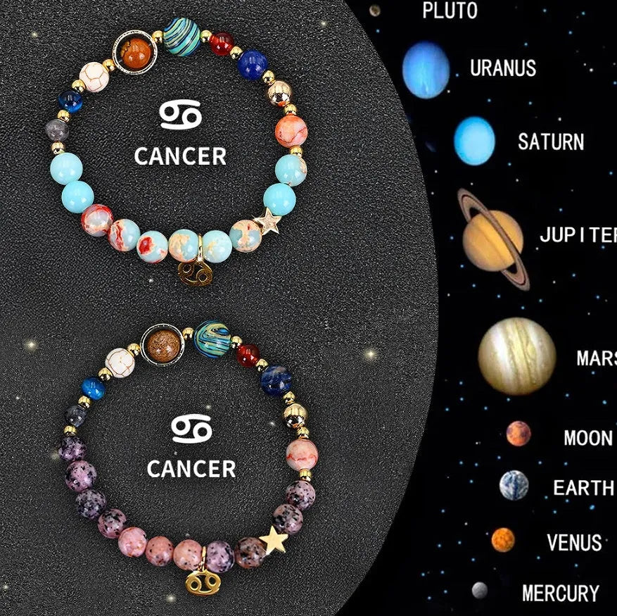 Two natural stone beaded bracelets showing zodiac symbols on an adjustable knotted string.