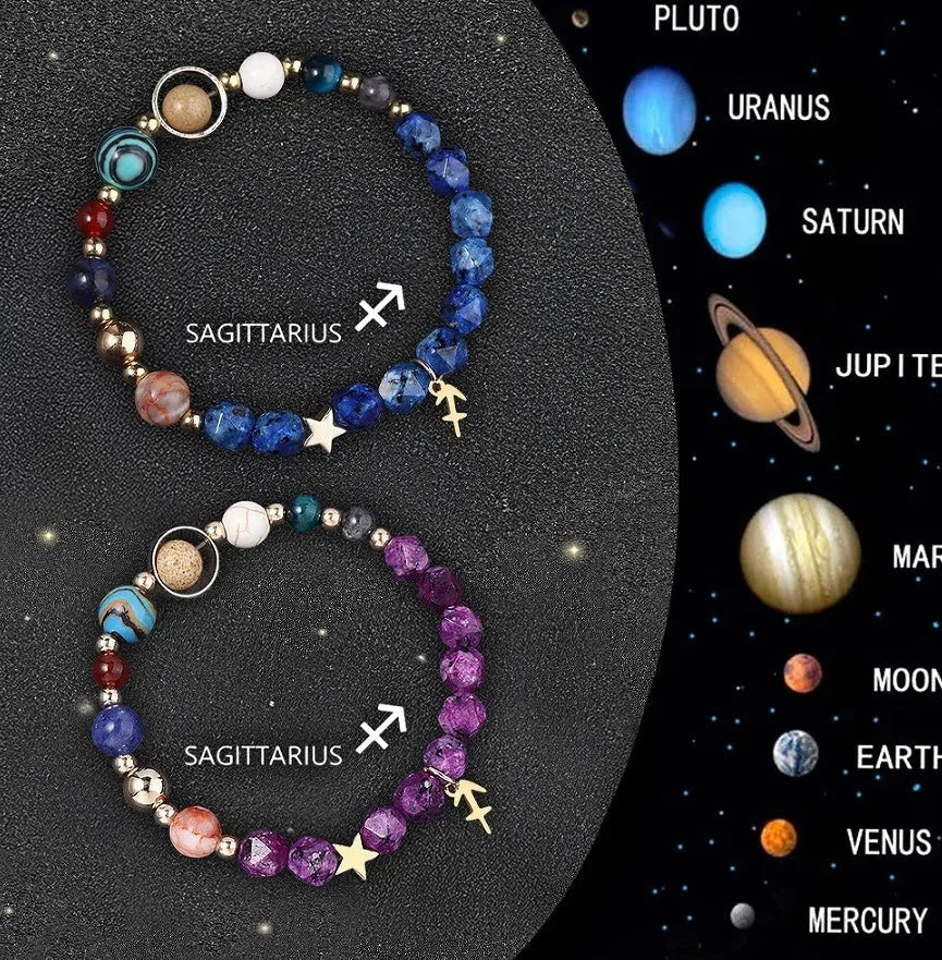 Set of two natural stone beaded bracelets with silver zodiac charms on an adjustable cord.