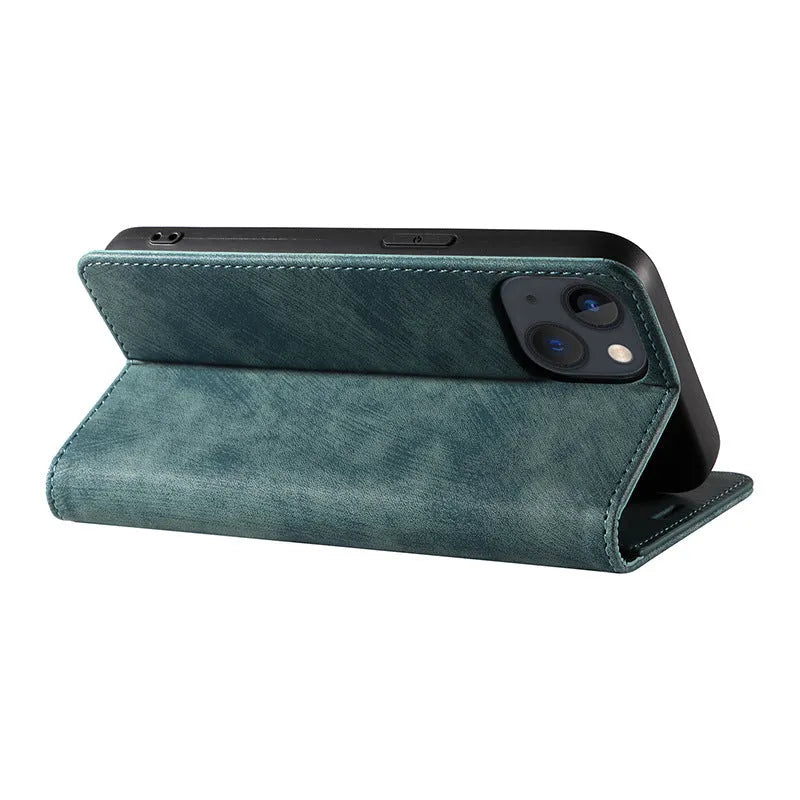 Leather and TPU magnetic flip phone case for iPhone in multiple solid colours.