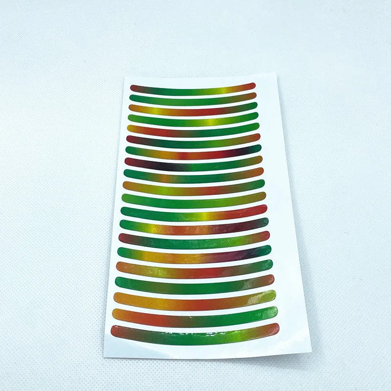 Pack of 20 arc-shaped reflective PVC stickers for car wheel hubs in multiple colours.