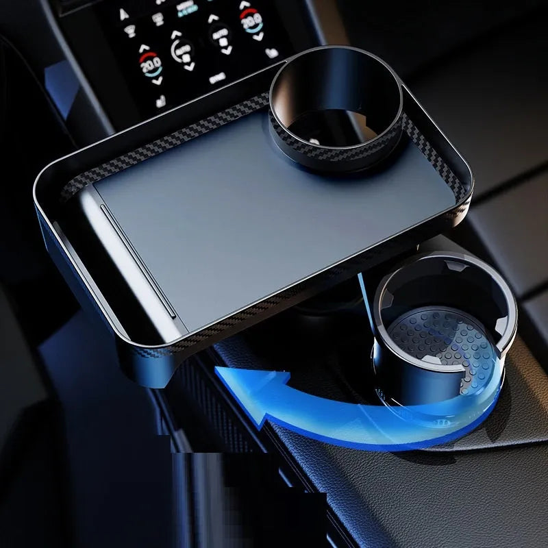 Black ABS rotating car tray holder showing cup holder and dinner plate attachment mounted in vehicle