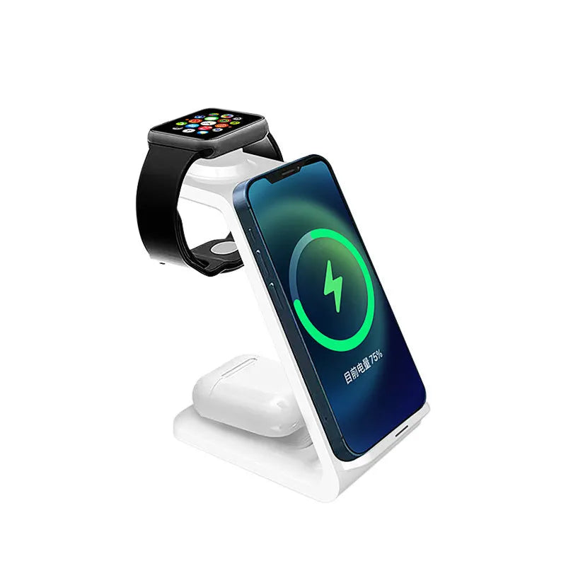 3-in-1 upright mobile phone holder wireless charger in black with Type-C cable on desk