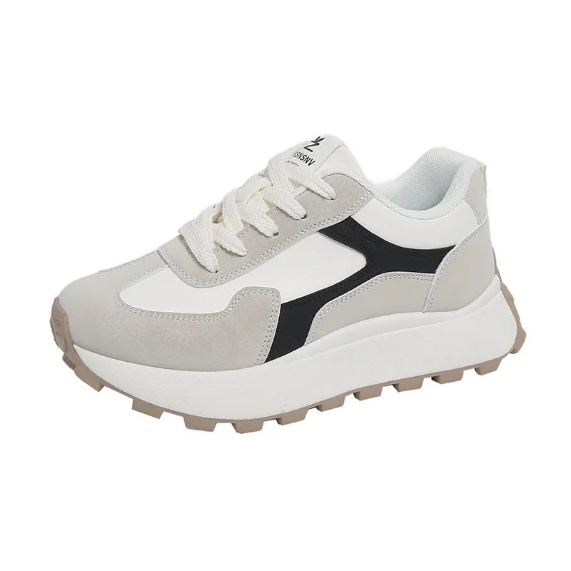 Women's low-top platform sports shoes in card black, khaki red, or white grey with flat heel and lace-up front.