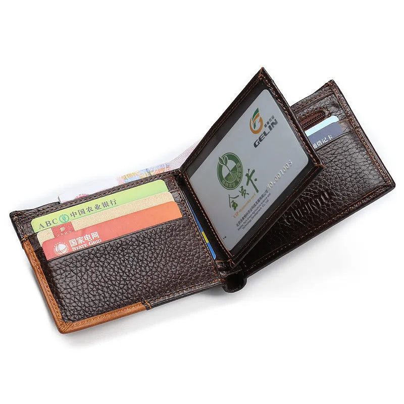 Men's soft cowhide leather trifold wallet open showing card slots, bill section, and zip compartment.