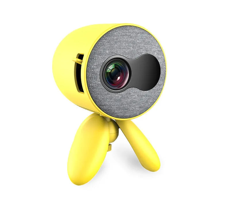 YG220 yellow and white LED projector showing front projection with international plug types
