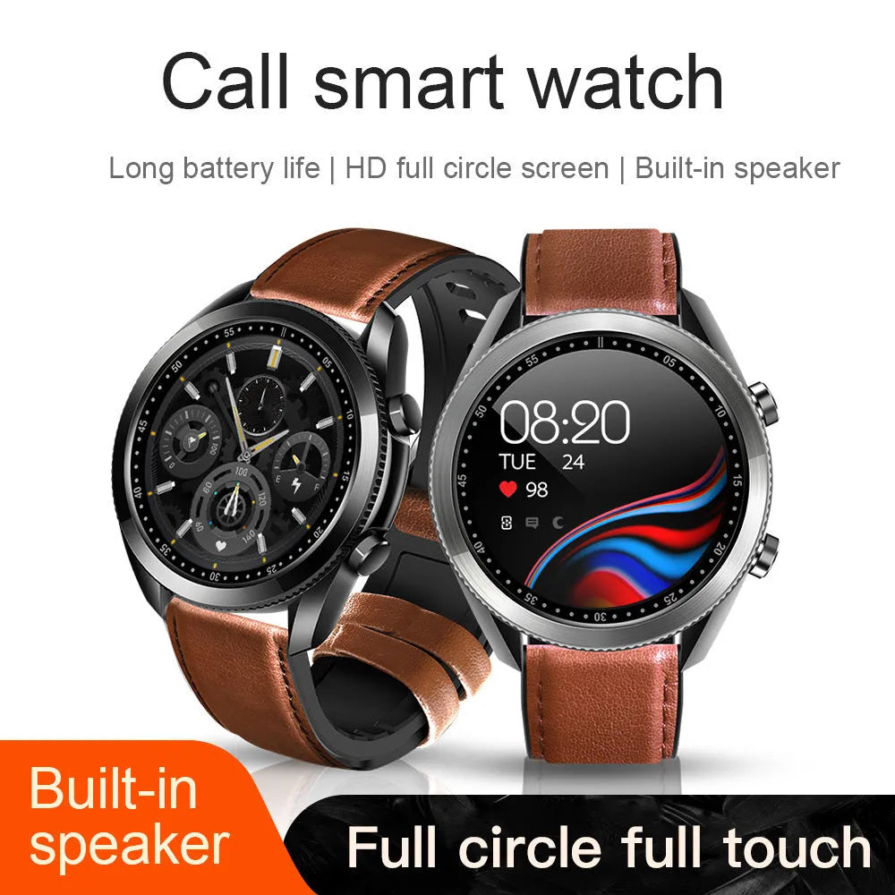 UM90 black smart call watch with leather strap showing heart rate and sports tracking on 1.28-inch screen