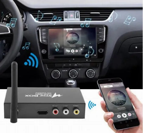 Black car mirror link box converter with cables and antenna for wireless smartphone streaming to car stereo