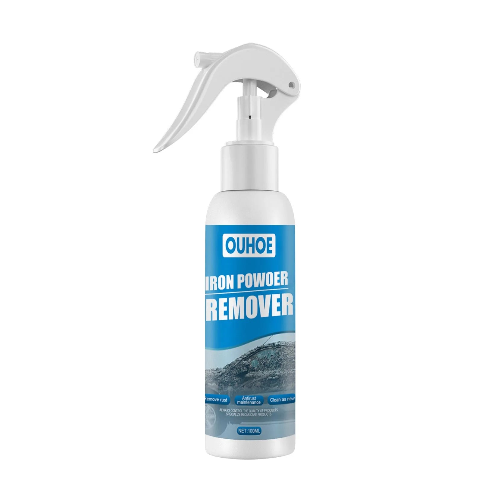 Automotive iron powder rust remover spray bottle with sponge applicator for car bodywork.