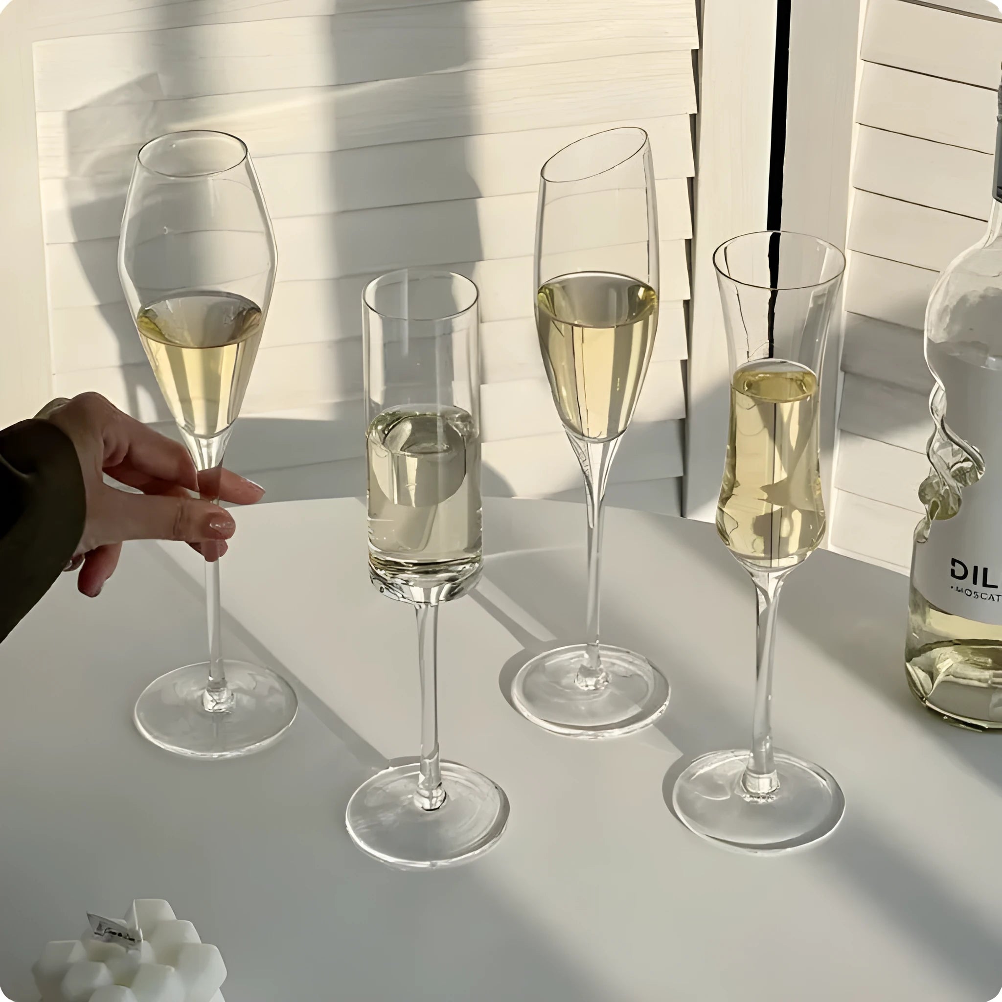 French champagne glass with goblet shape in crystal design variations