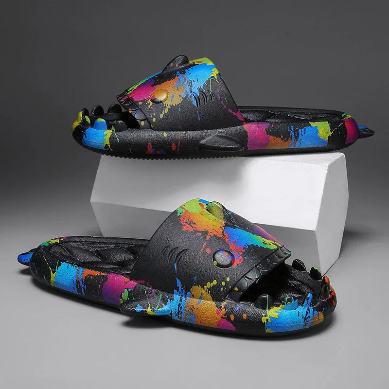 Shark design EVA open toe home slippers for men and women in various colours.