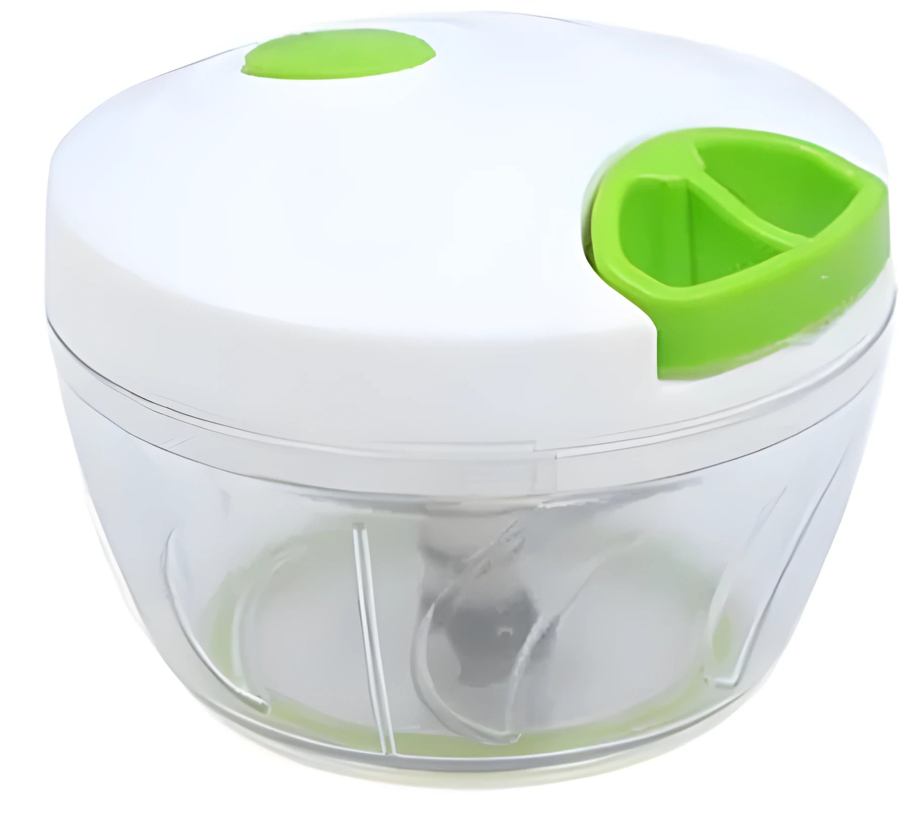 Green manual kitchen chopper with three stainless steel blades and a 500ml ABS container.