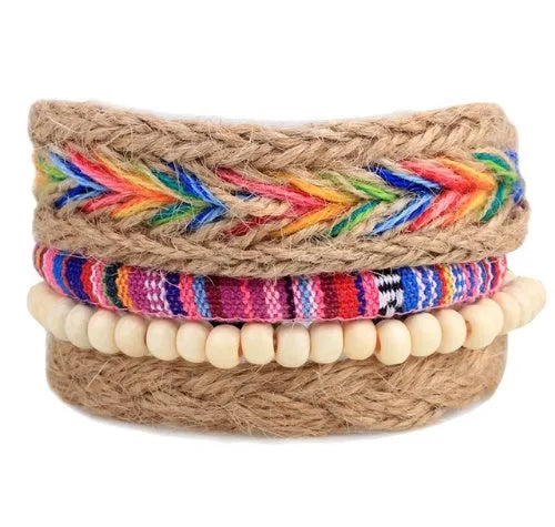 Adjustable leather bead bracelet with hand-woven construction and vintage punk design