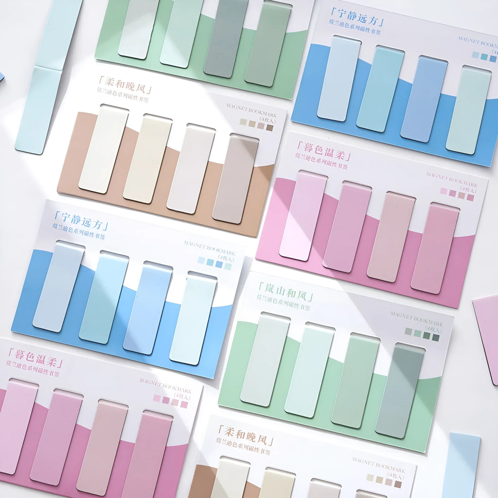 Set of four magnetic Morandi colour block bookmarks showing different colour options