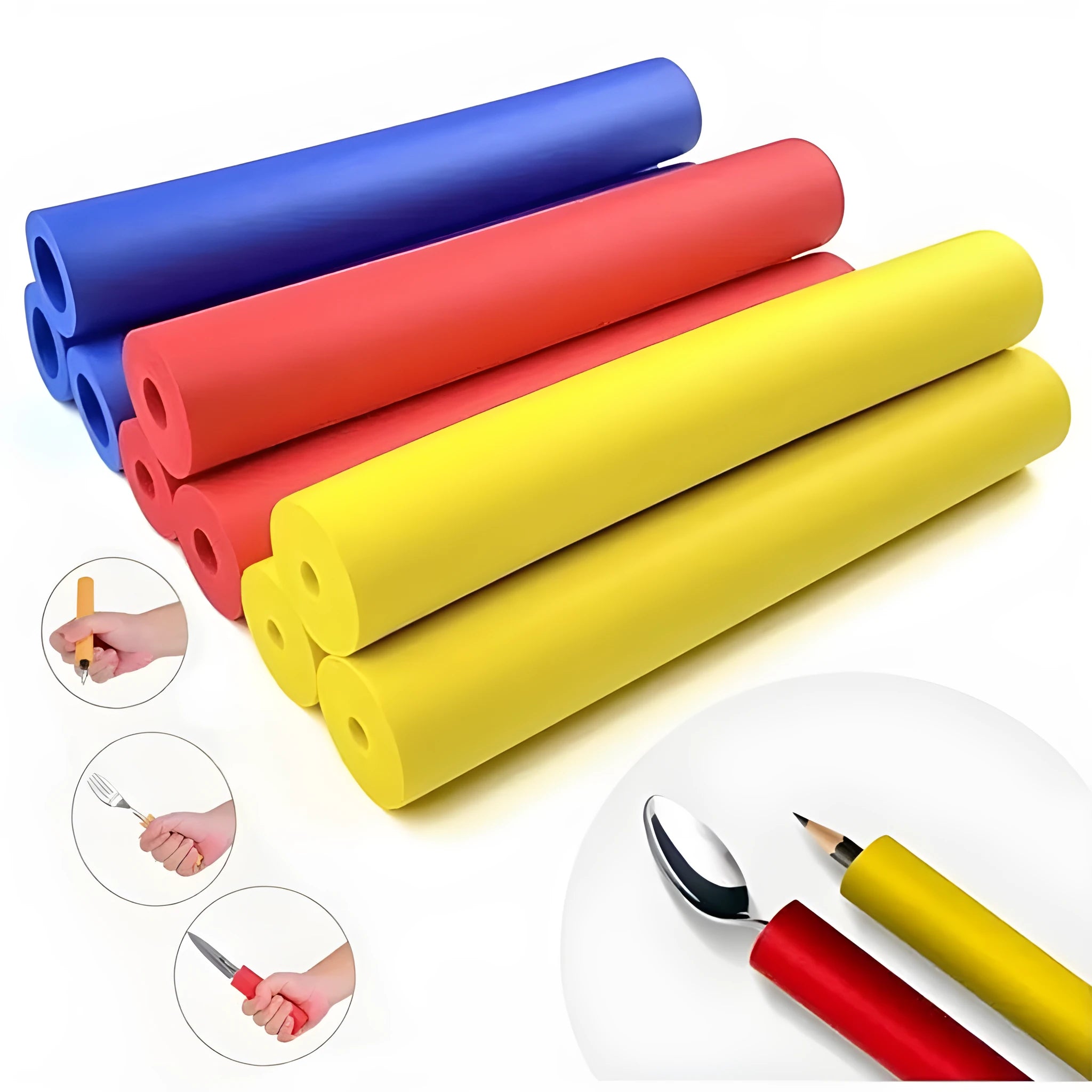 Rubber grip hose set showing 10mm and 18mm inner diameter options for utensil and pen grip enhancement
