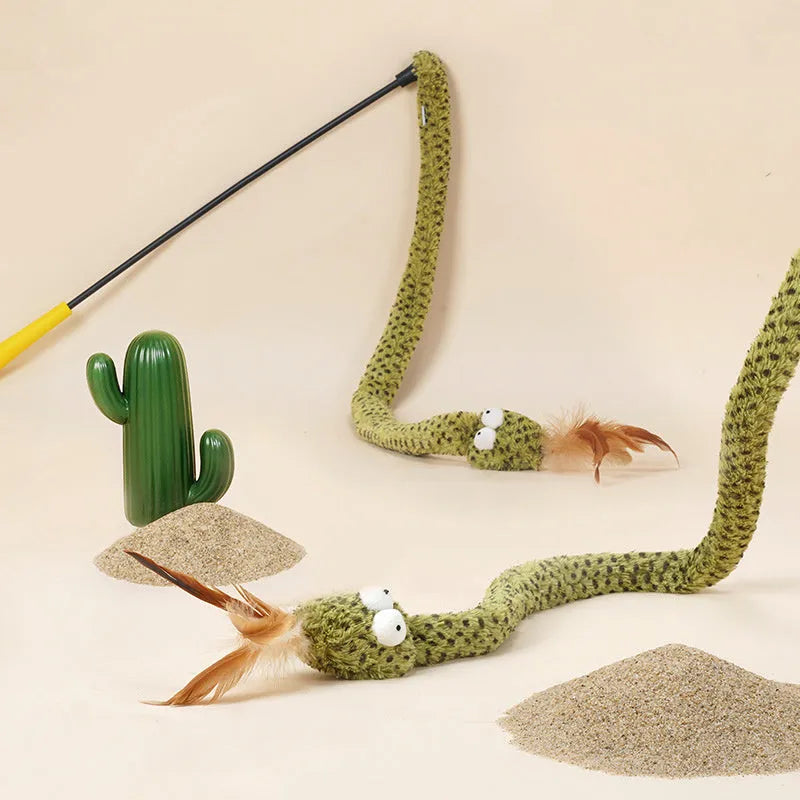 Green cat teasing stick toy with artificial feather on 140cm aluminium pole