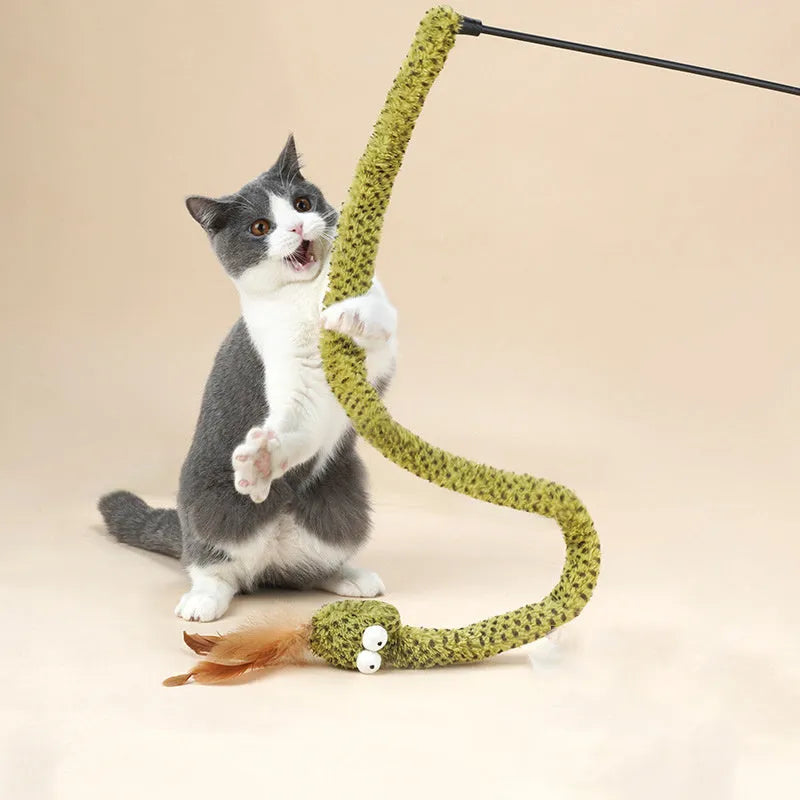 Green cat teasing stick toy with artificial feather on 140cm aluminium pole