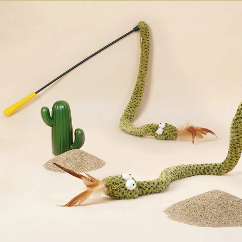 Green cat teasing stick toy with artificial feather on 140cm aluminium pole
