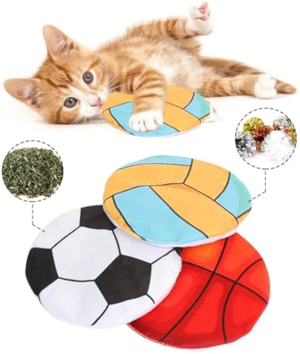 Soft blue plush cat toy shaped like a flying disc with a basketball pattern, measuring 5cm.