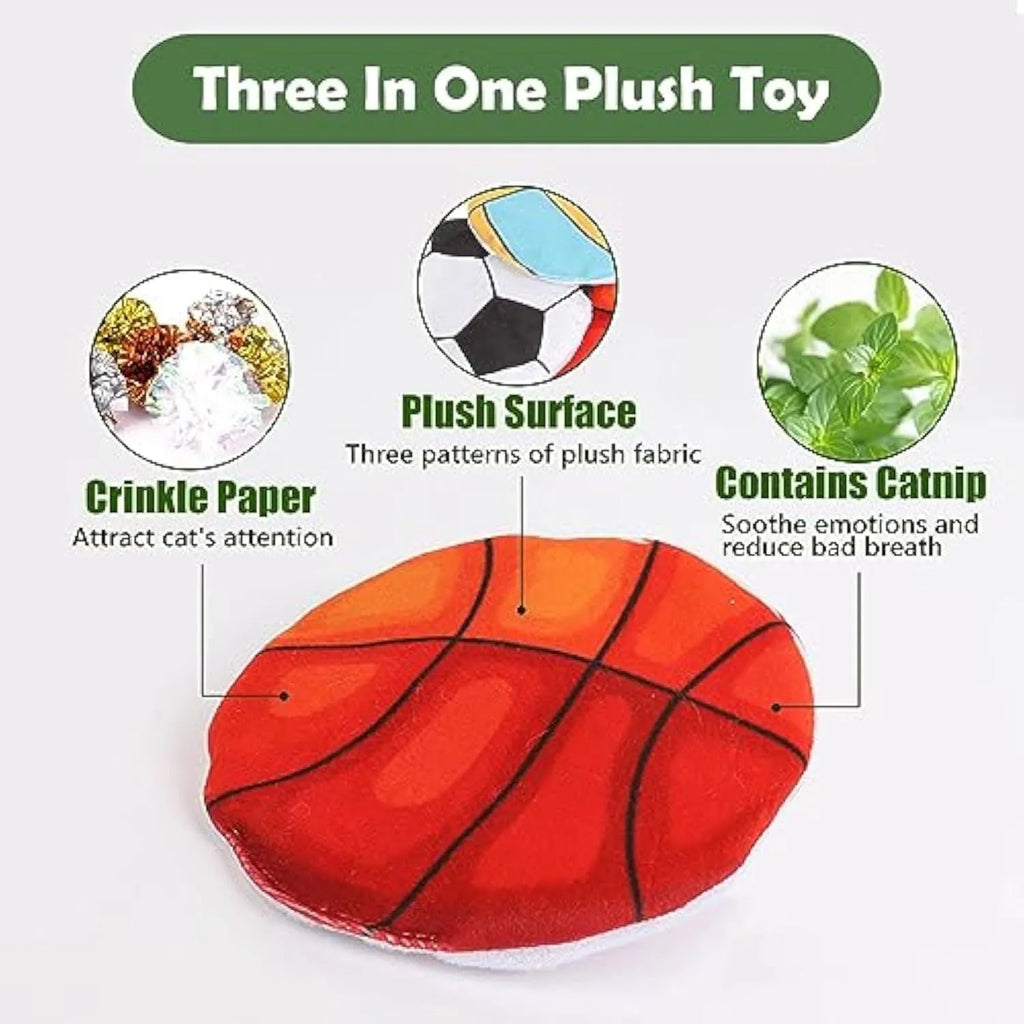 Soft blue plush cat toy shaped like a flying disc with a basketball pattern, measuring 5cm.