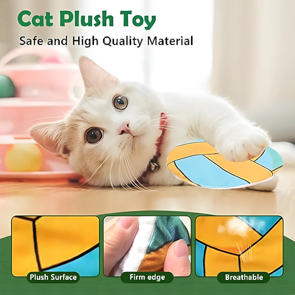 Soft blue plush cat toy shaped like a flying disc with a basketball pattern, measuring 5cm.
