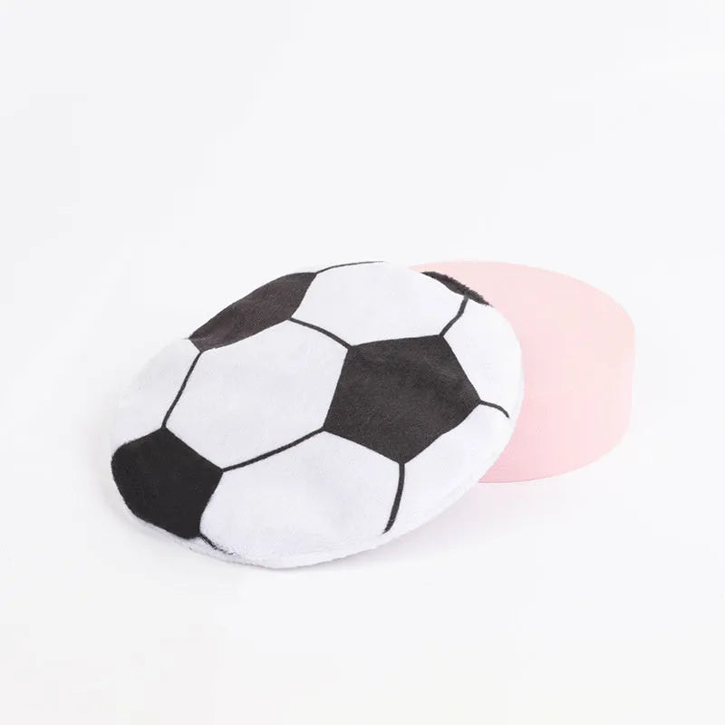 Soft blue plush cat toy shaped like a flying disc with a basketball pattern, measuring 5cm.
