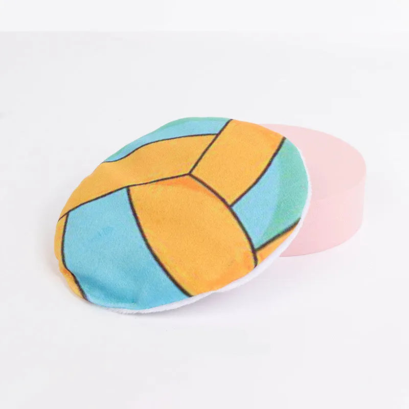 Soft blue plush cat toy shaped like a flying disc with a basketball pattern, measuring 5cm.