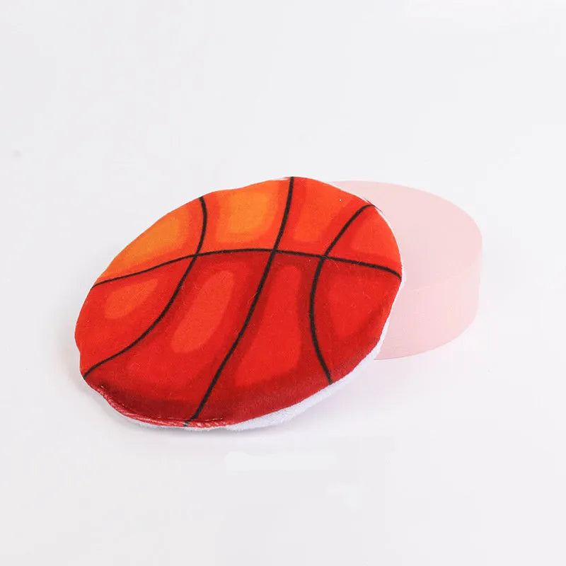 Soft blue plush cat toy shaped like a flying disc with a basketball pattern, measuring 5cm.