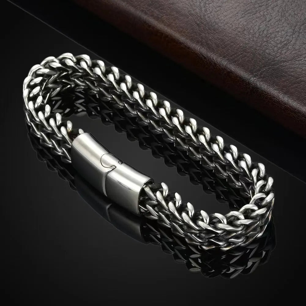 Silver geometric hip hop stainless steel men's bracelet showing 4x8mm and 5x10mm link size options.