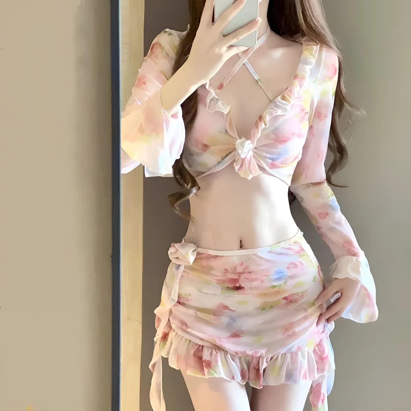 Women's floral bikini swimsuit in cherry blossom pink colour with floral pattern design