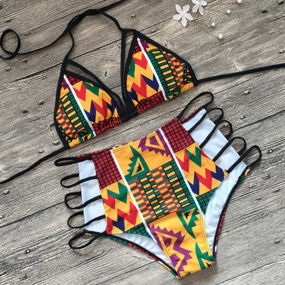 Women's high-waist digital print bikini set with backless design and quick-drying polyester fabric