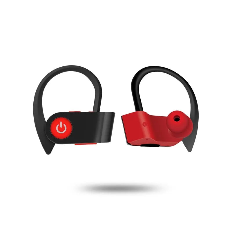 Black, grey, and red Bluetooth earphones with V5.0, showing ergonomic design and control buttons.
