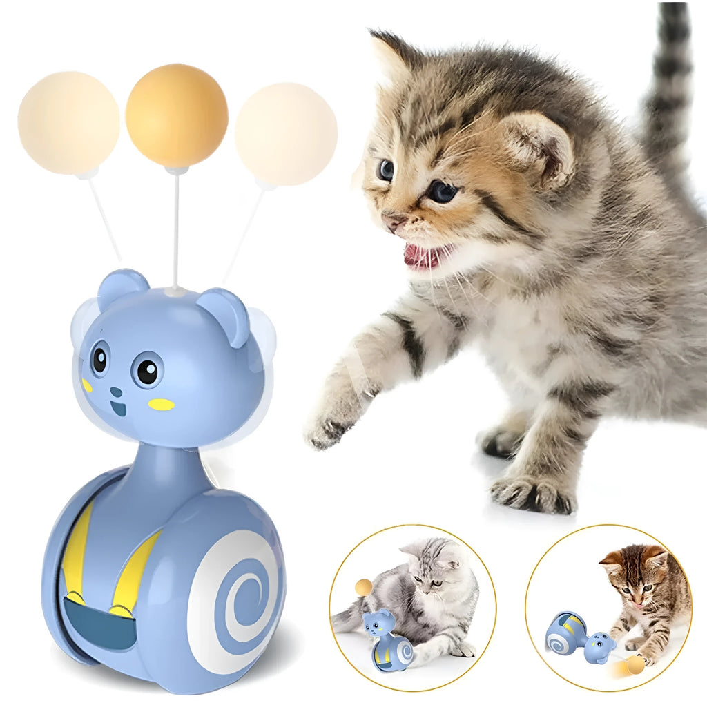 Interactive cat feather wand toy with rotating ball component in pink or blue colour options