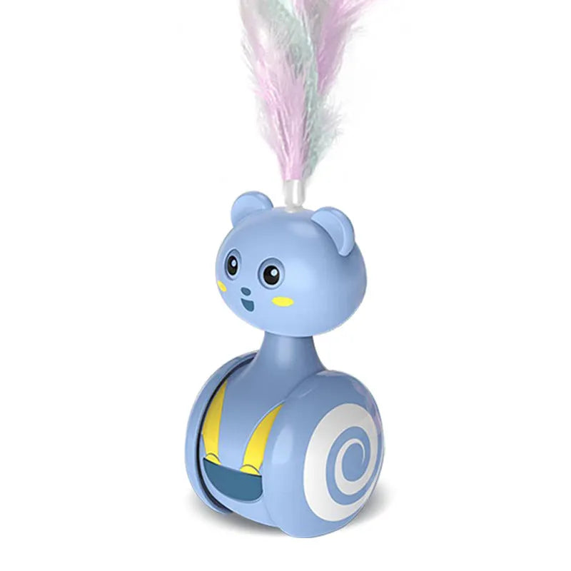Interactive cat feather wand toy with rotating ball component in pink or blue colour options