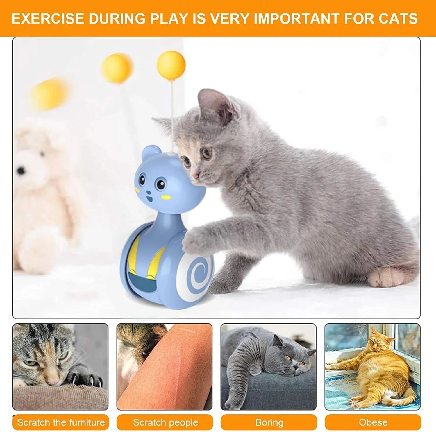 Interactive cat feather wand toy with rotating ball component in pink or blue colour options