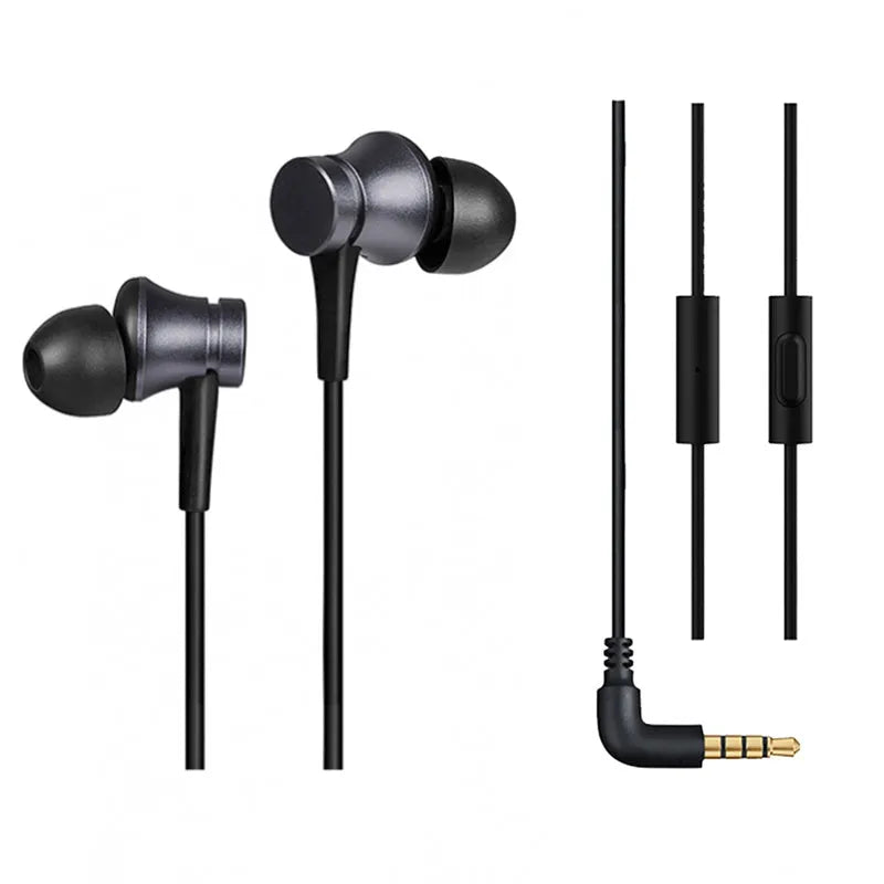 Piston style wired in-ear headphones with 3.5mm jack in black, blue, and red colour options.