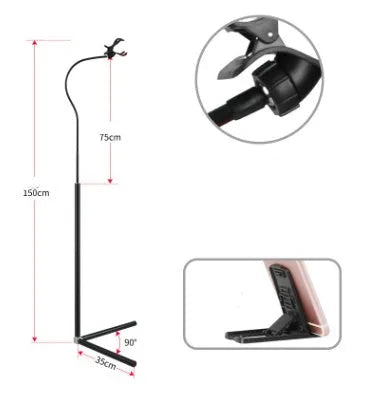 Black and white mobile phone bed bracket for bedside mounting with universal phone holder