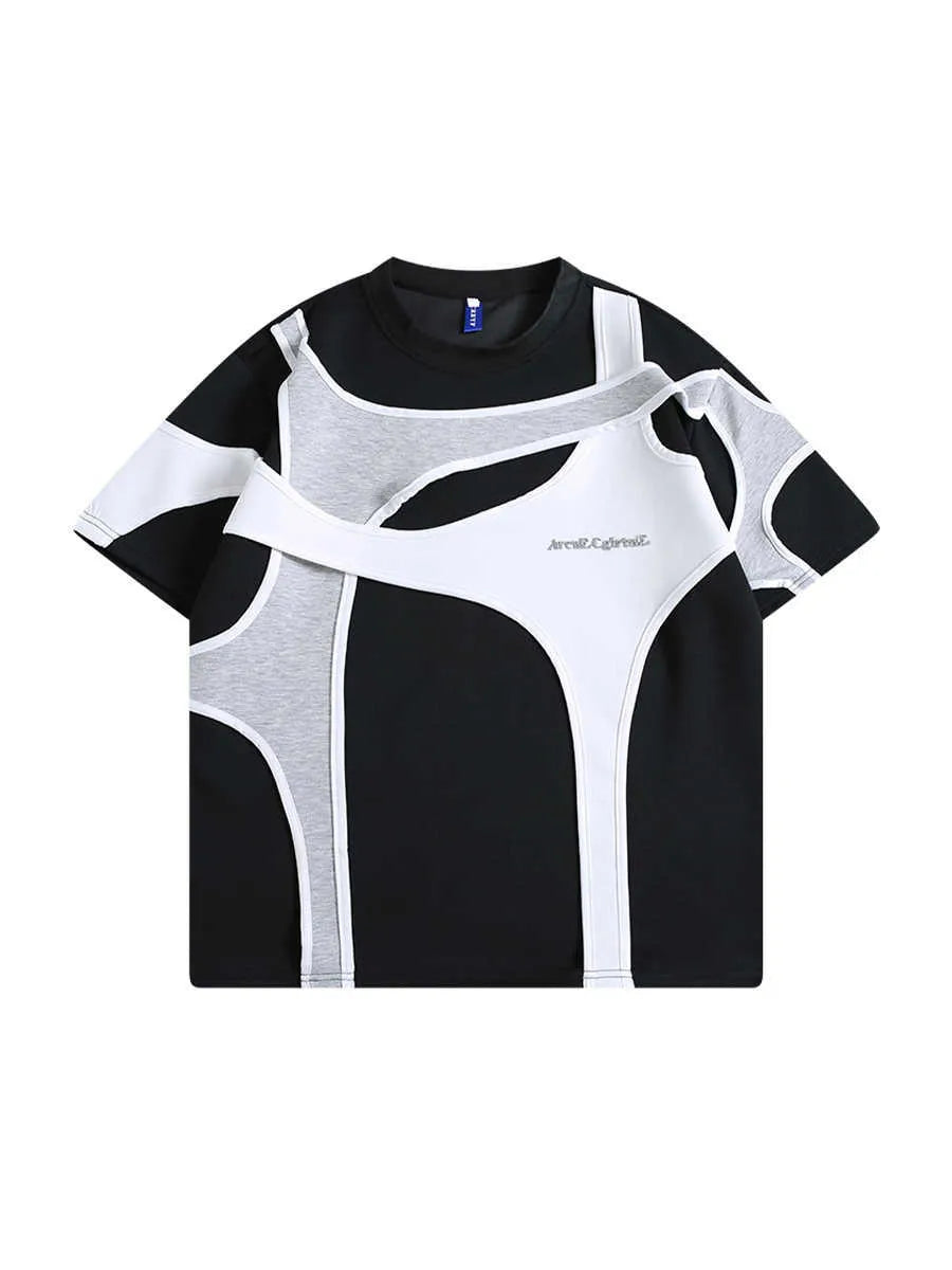 Men's black t-shirt with double stitching on padded shoulders and round neck collar